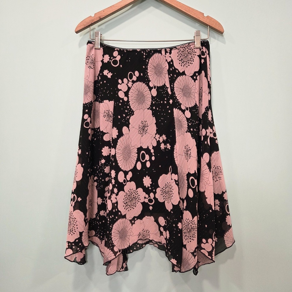 Vtg Y2K Luna Chix Pink Floral Asymmetrical Handkerchief Hem Skirt Whimsigoth L